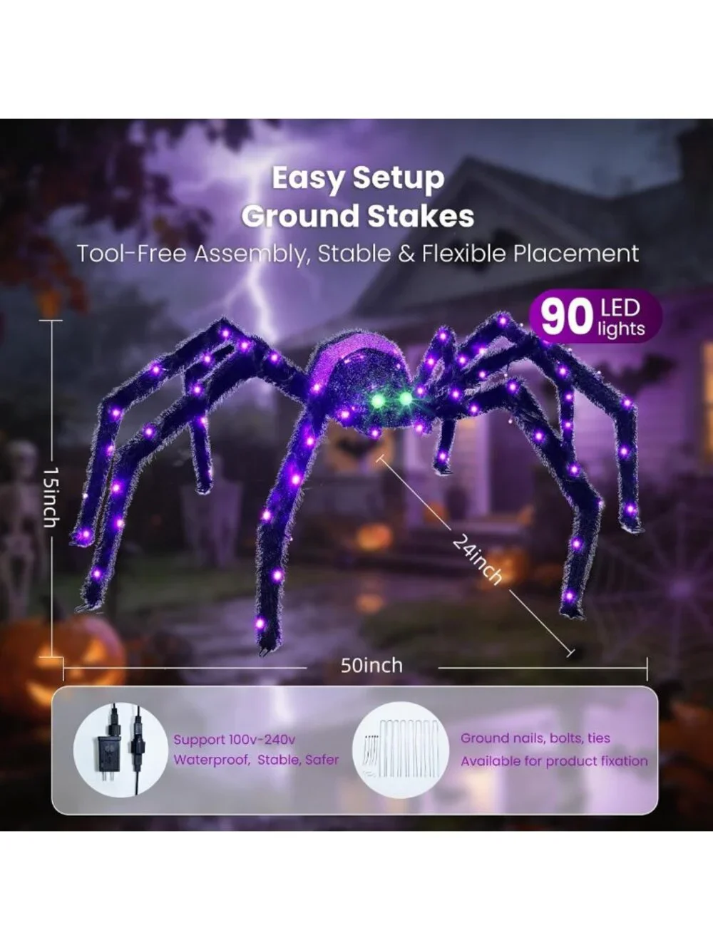 Giant 4.2FT Lighted Spider Halloween Decoration - Waterproof Outdoor Decor with